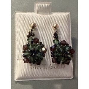 14K Gold Filled Stud Dangle Earrings W/ Burgundy & Green Crystals #434